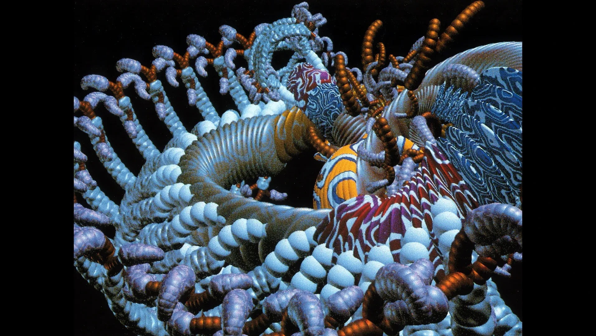 Computer-generated organic forms, ribbed tubes and spirals in blue and orange