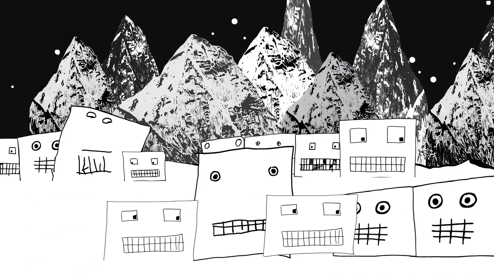 Black and white drawn mountains above a row of small doodled houses