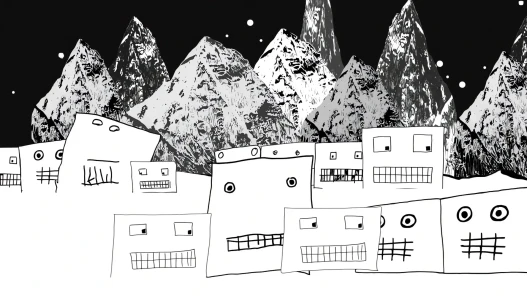 Black and white drawn mountains above a row of small doodled houses