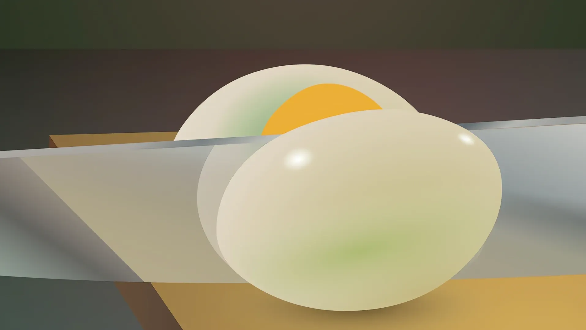 Two soft-shaded eggs, one cracked, against a muted background