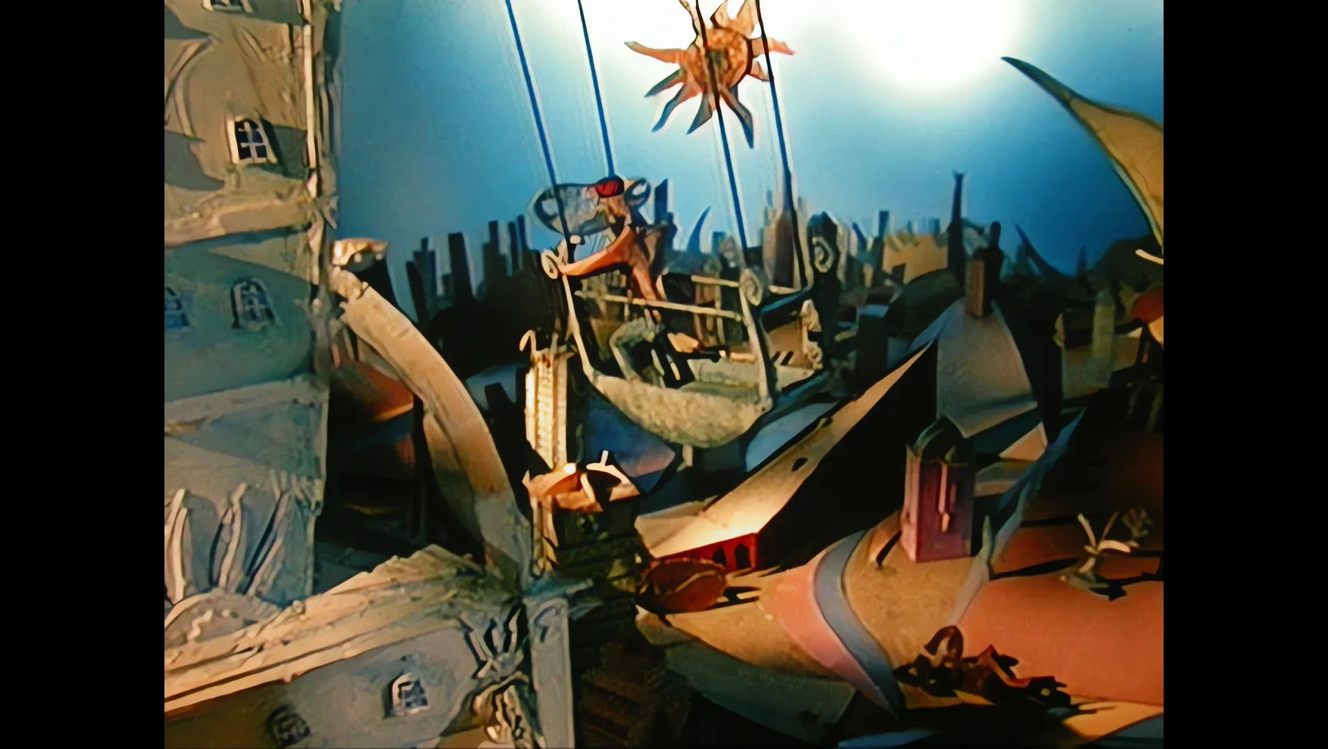 A painted cityscape with a ship and a sun, in blue and brown
