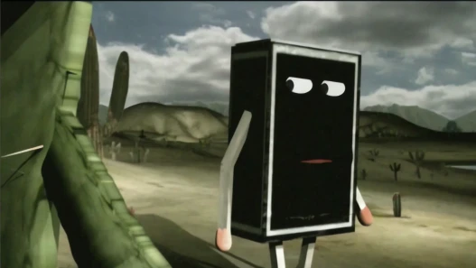 A cartoon speaker cabinet with eyes and legs standing in a desert