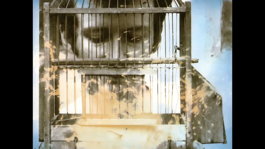 A birdcage with a face visible behind it