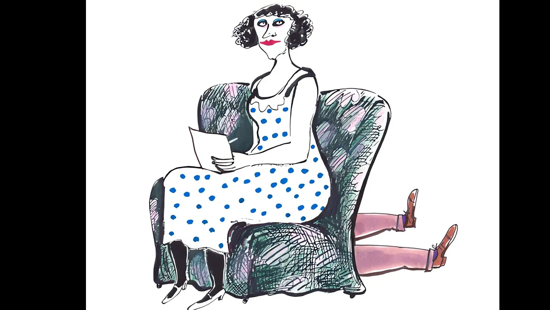 A drawn woman in a blue polka-dot dress reads a letter in an armchair, a man's legs sticking out behind it
