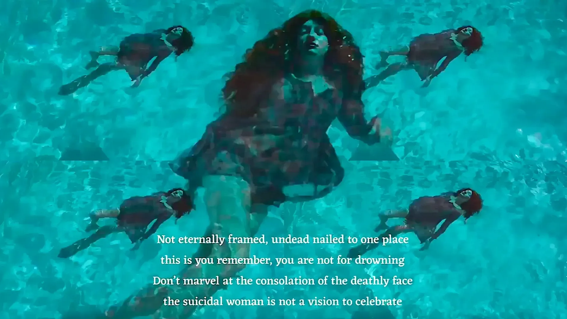 A girl in a pool with multiple girls in the background and poetry