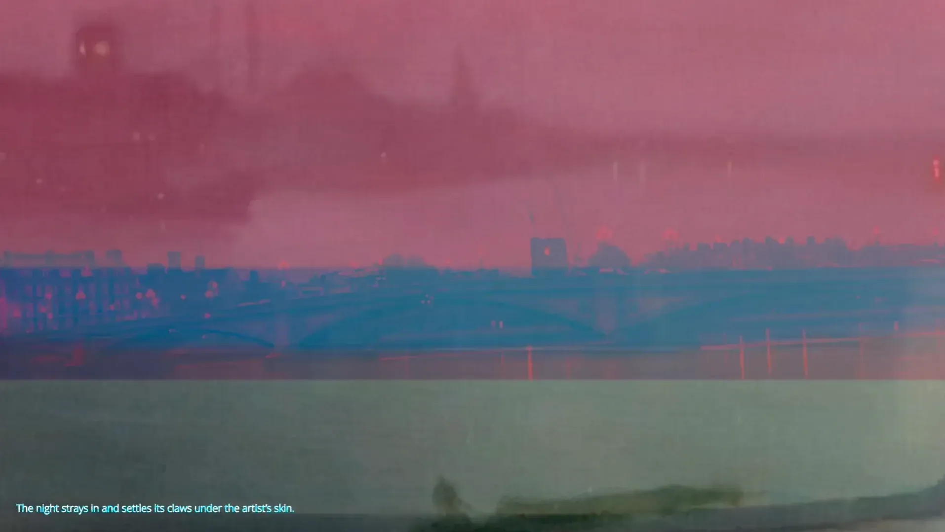 a river at night with a bargeman and layers of blue, orange and red