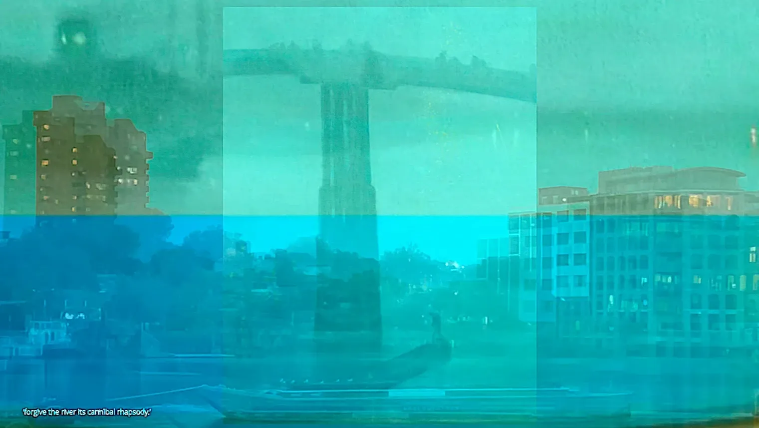 A bargeman on a river by an old bridge with modern buildings layered beneath