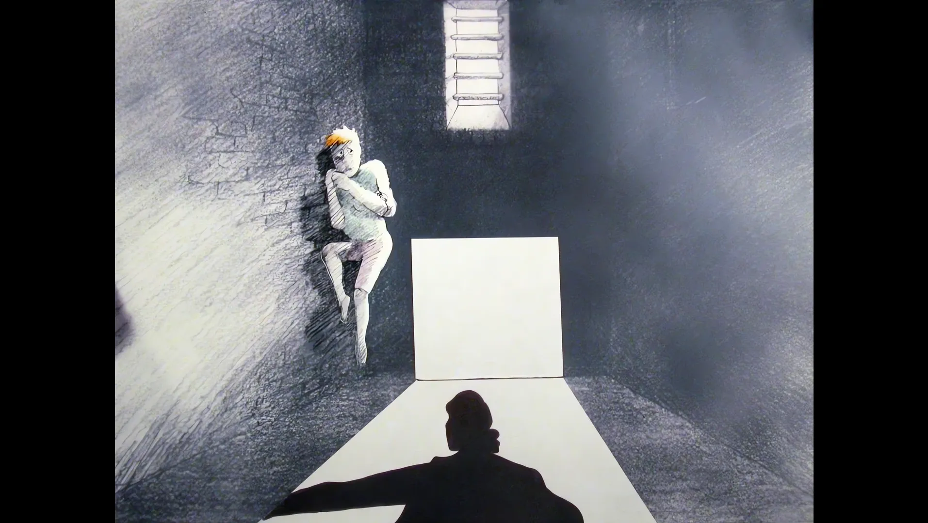 A drawn girl crouches against the wall of a grey prison cell under a barred window, a shadow in the doorway
