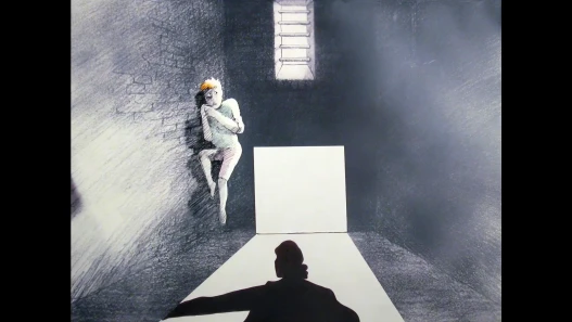A drawn girl crouches against the wall of a grey prison cell under a barred window, a shadow in the doorway