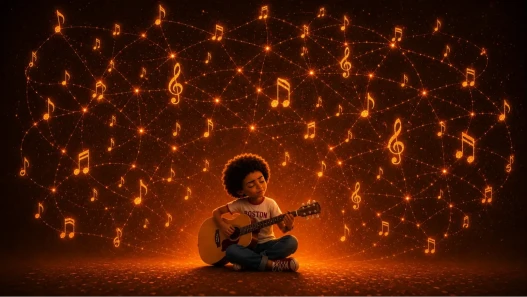 A young black girl around the age of 10yrs is sat crossed leg, in a big empty space and playing her guitar. There is a whole web of golden glowing music notes floating above her head.