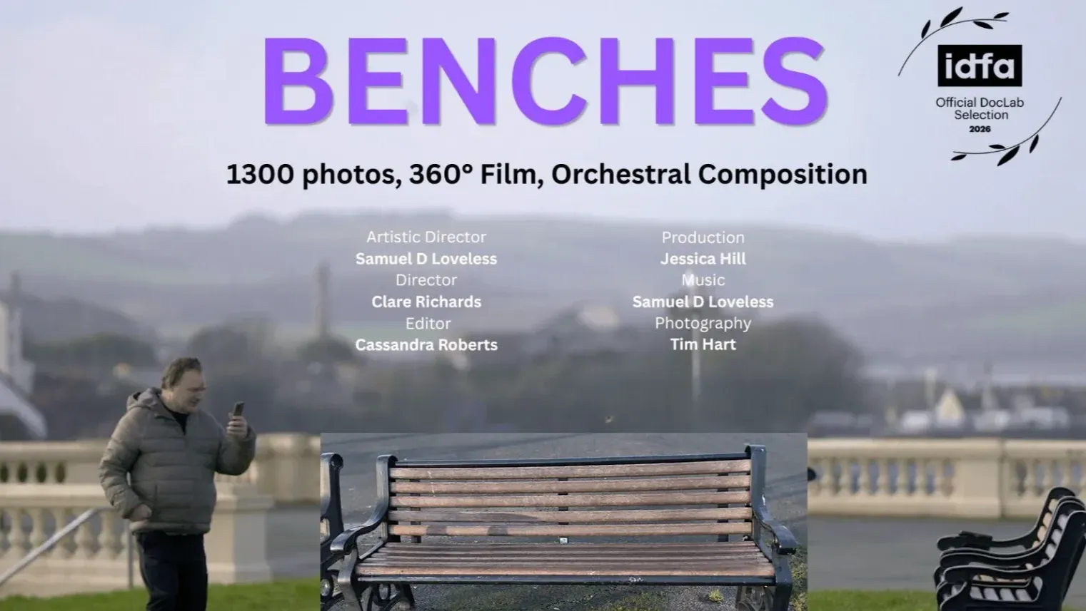 A man takes a photo of bench. Purple text says BENCHES and lists the credits of the film