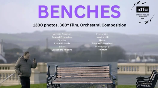 A man takes a photo of bench. Purple text says BENCHES and lists the credits of the film